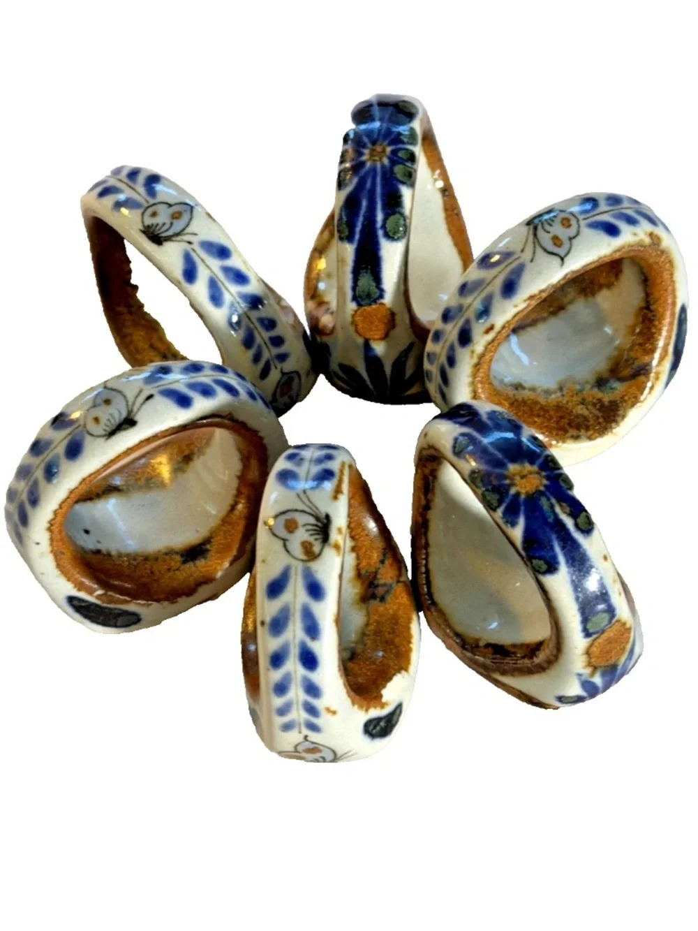 Vintage Ken Edwards Tonala Mexican Pottery Napkin Rings Set of 6 Signed KE